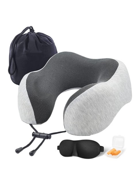 Travel Pillow Set, 100% Pure Memory Foam Neck Pillow, U-Shape Head Pillow Airplane Travel Kit with 3D Contoured Eye Masks Earplugs and Storage Bag - Grey