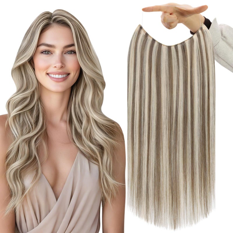 Fshine Invisible Wire Hair Extensions Real Human Hair Ash Brown Highlighted Platinum Blonde Hidden Fish Line Wire Hair Extensions Remy Hair 14 Inch Secret Layered Hairpiece 70 Grams