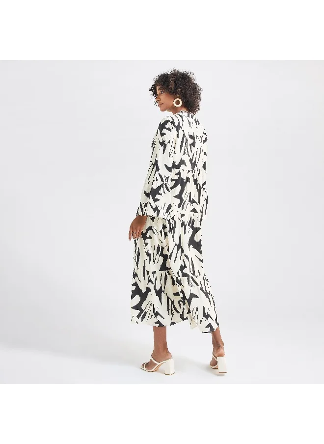 FAV Abstract Print Midi Dress with Mandarin Collar and Long Sleeves