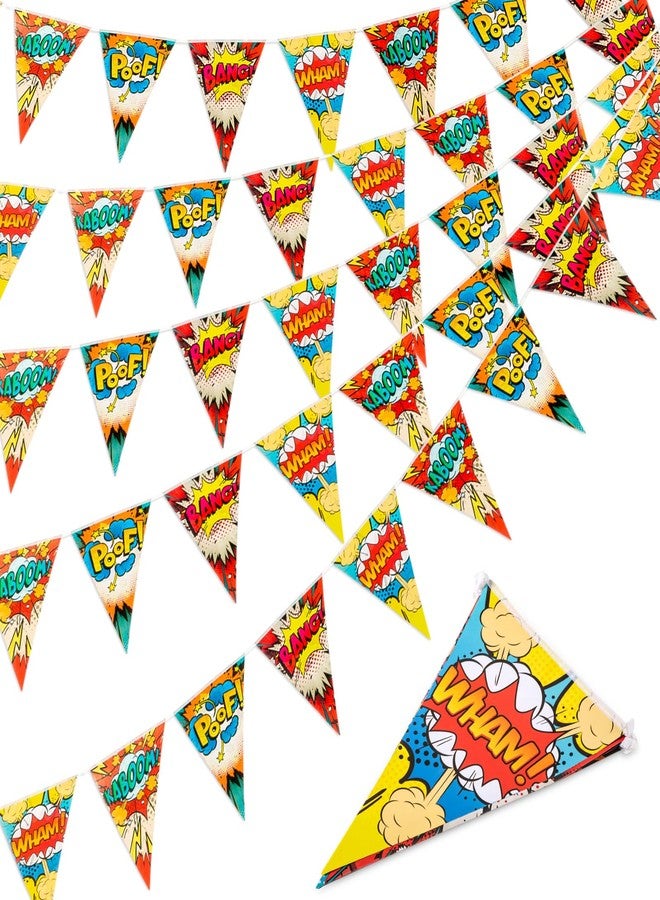 TaoBary 5 Pcs Hero Themed Birthday Party Pennant Banner 49.2ft Pre Strung Pennant Triangle Flags Cartoon Hanging Bunting Decorations for Carnival Birthday Theme Party Decor Supplies - Image 1