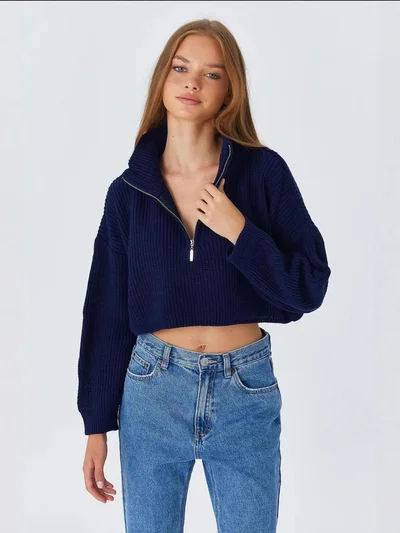 MixRay Mixray Textured Long Sleeve Zipped Collar Sweater
