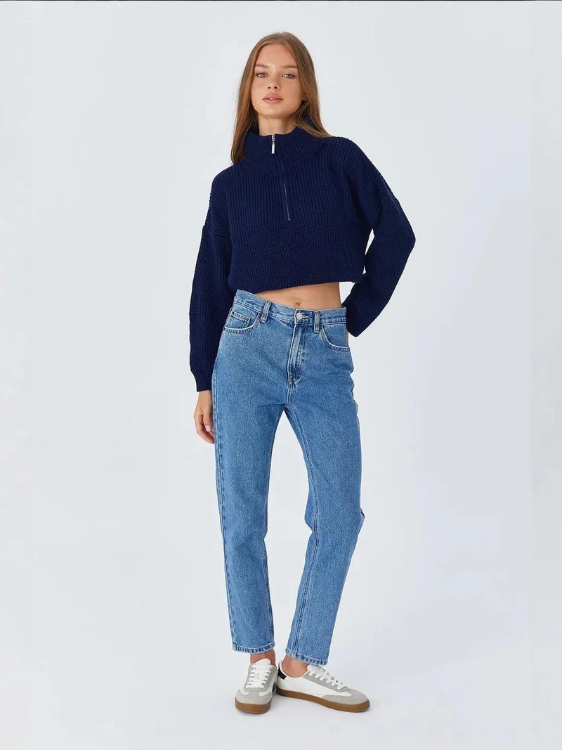 Mixray Navy Blue Mixray Textured Long Sleeve Zipped Collar Sweater for Women | Best Price UAE
