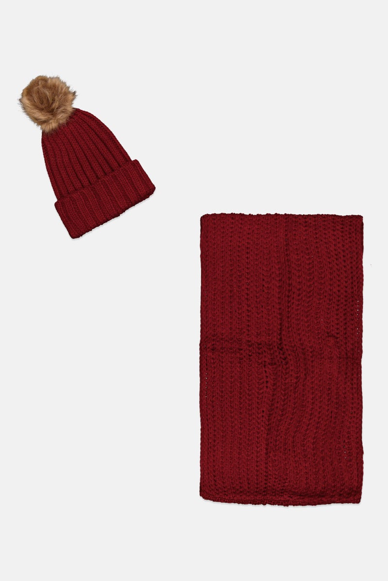Rampage Women 2 Piece Knitted Scarf And Beanie Set, Maroon - Image 1