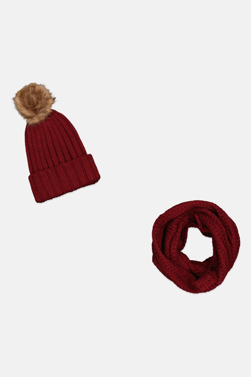 Rampage Women 2 Piece Knitted Scarf And Beanie Set, Maroon - Image 2