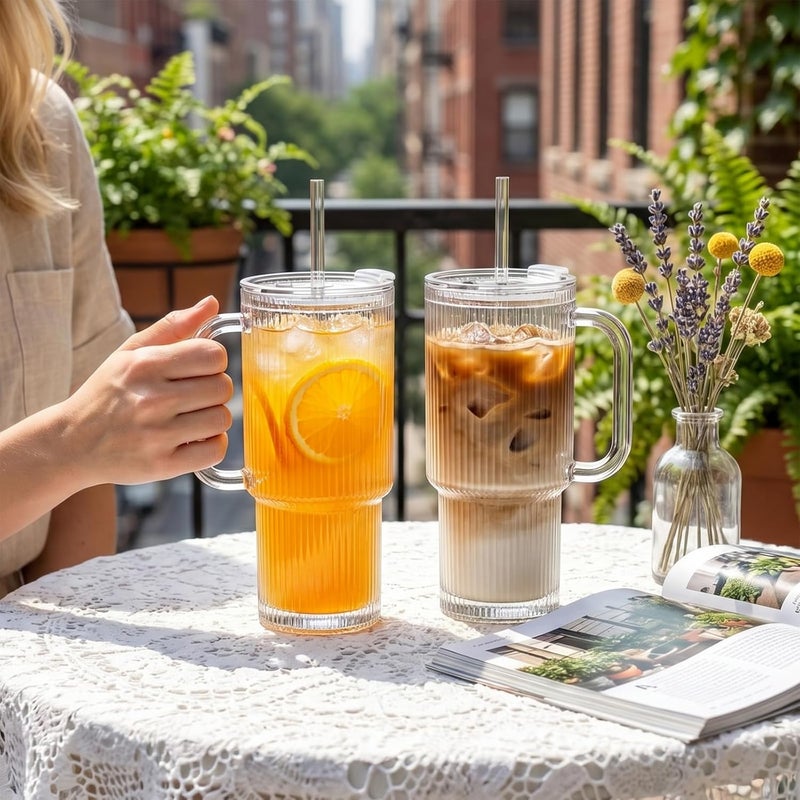 INSETLAN 26oz Ribbed Glass Tumbler with Handle & Lid – 2-Pack Large Iced Coffee Cups with Straws, Modern Glass Mug for Cold & Hot Beverages, Aesthetic Travel Cup for Smoothies, Tea, and Juice - Image 2