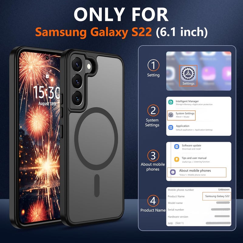 حافظة المغناطيسية لهاتف Samsung S22 [متوافقة مع تقنية MagSafe] | 2 طبقة حماية للشاشة | مقاومة للتصفر وبصمات الأصابع، مقاومة للصدمات، نسيج ناعم وشفاف يناسب شكل الهاتف - لون أسود مات - Image 2