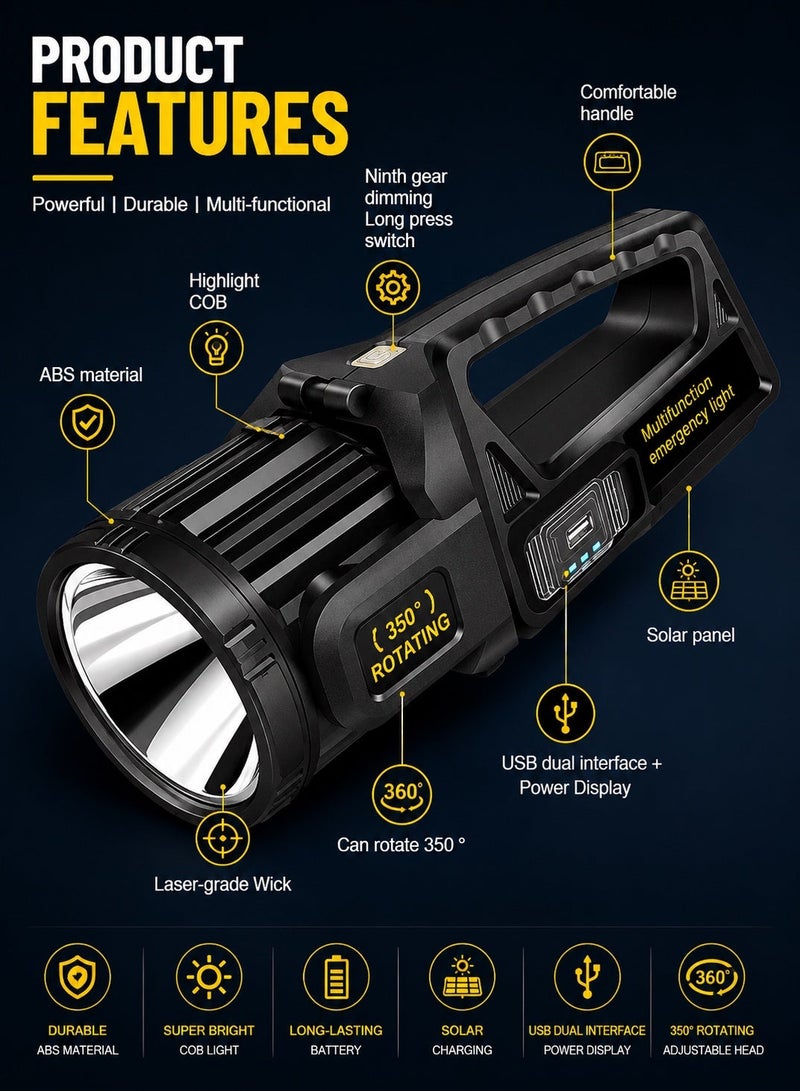 QLIGHT Rechargeable Flashlights Outdoor Handheld, 1,000,000 Lumens Led Spot Light Flashlight with Solar Panels, 9 Modes Waterproof Handheld Flash light for Camping Hiking Outdoor Marine Boating Hunting - Image 3