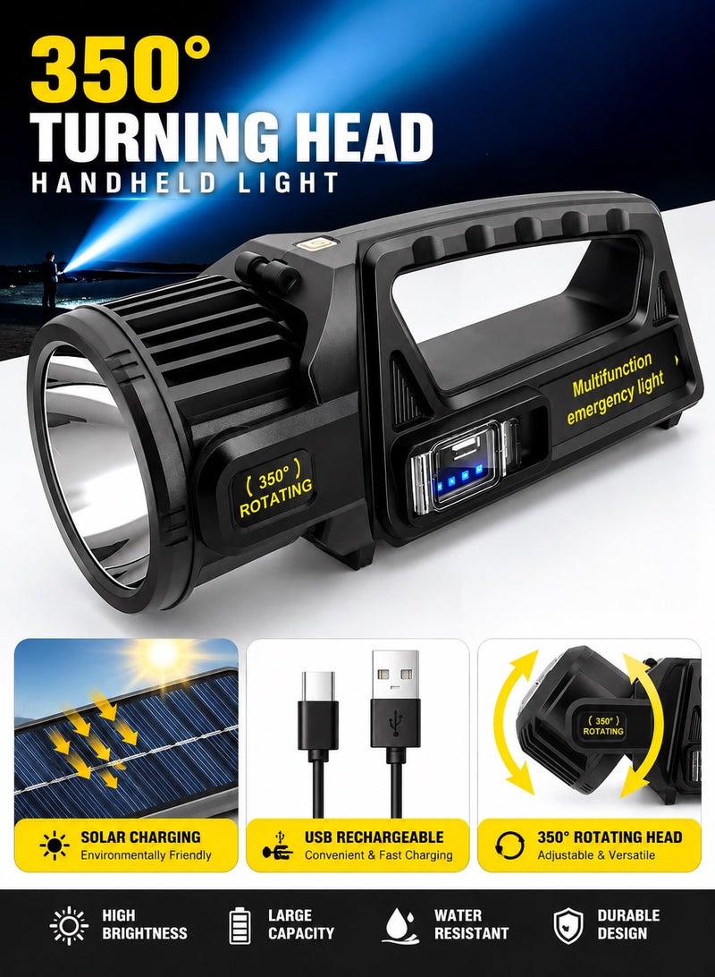 QLIGHT Rechargeable Flashlights Outdoor Handheld, 1,000,000 Lumens Led Spot Light Flashlight with Solar Panels, 9 Modes Waterproof Handheld Flash light for Camping Hiking Outdoor Marine Boating Hunting - Image 1
