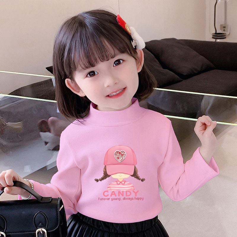 Children'S Base Shirt Half-High Collar Girl'S White Baby'S Long-Sleeved T-Shirt De-Velvet Base T-Shirt - Image 1