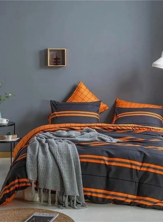 LUNA Home Single Size 4-Piece Duvet Cover Set without filling in Dark grey and Striped orange pattern. - Image 1
