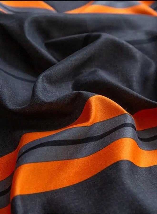 LUNA Home Single Size 4-Piece Duvet Cover Set without filling in Dark grey and Striped orange pattern. - Image 2