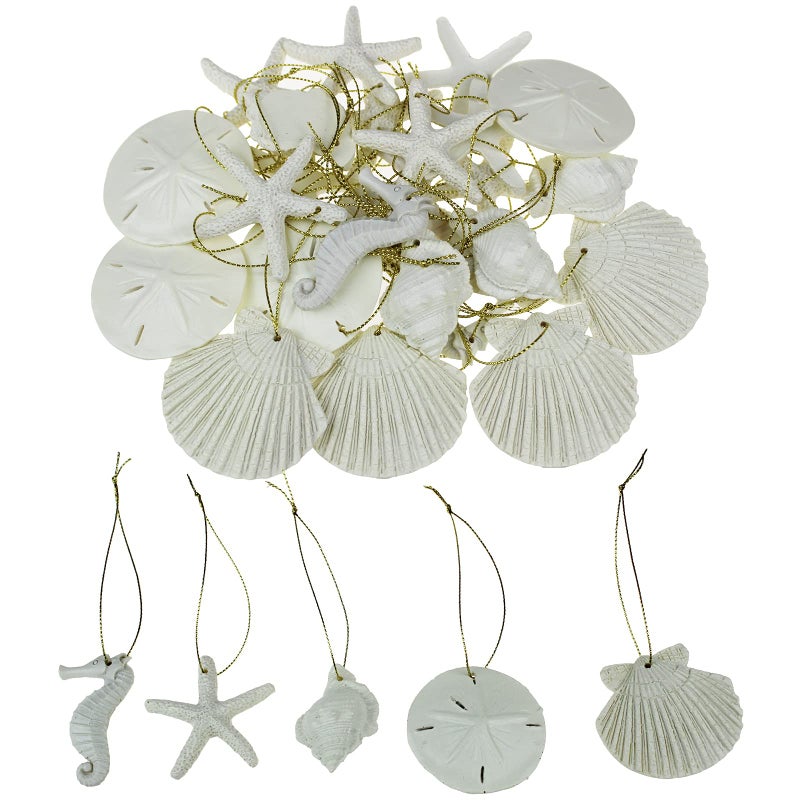 30 Pieces Resin Starfish Seahorse Sanddollar Conch Seashells Set with Rope for Christmas Tree Hanging Ornaments Beach Theme Wedding Home Decor DIY Crafts Beige