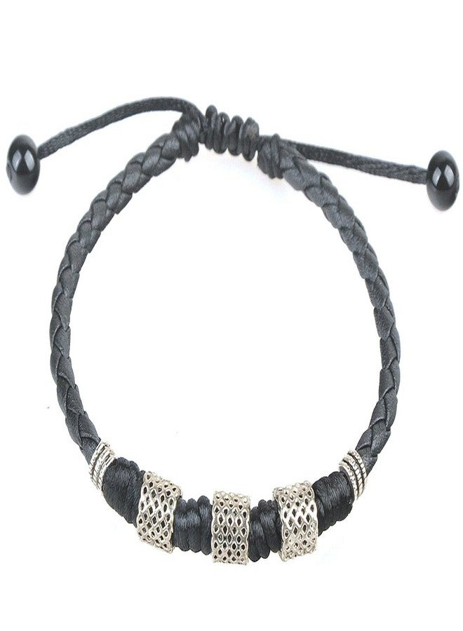 Woven Leather Anklet Bracelet with Textured Beads - Adjustable Handmade Wrist or Ankle Jewelry for Women & Men,9 Inches