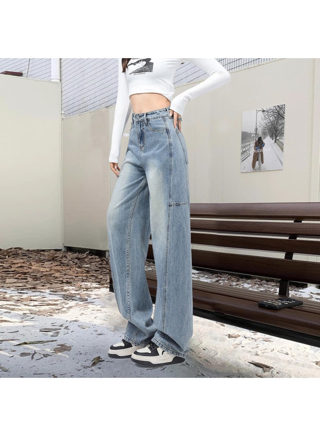 EPTISON Fashion Patchwork Jeans For Women, Autumn Versatile Retro High-Waisted Slimming Wide-Leg Pants - Image 3