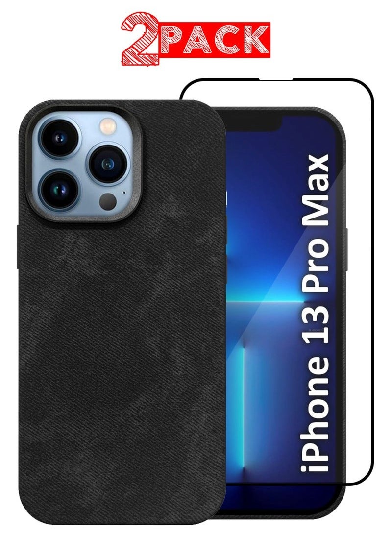 CATANES 2Packs iPhone 13 Pro Max Alcantara Case Cover Premium Quality Luxurious Soft Touch Protection with Metal Camera Frame with a 3D Screen Protector - Black  - Image 1