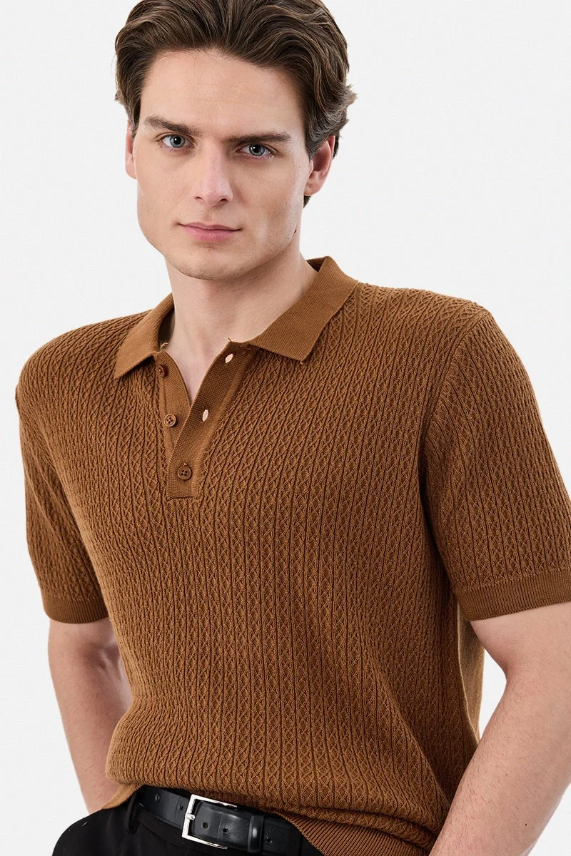 SNITCH Orange Textured Half Sleeve Regular Fit T-Shirt