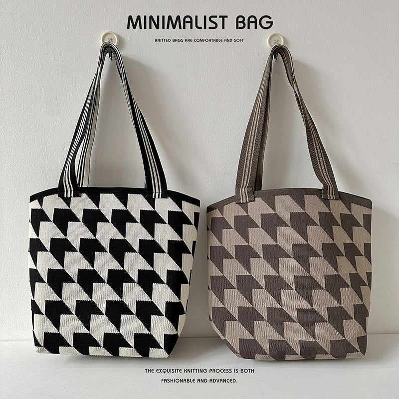 Diamond Plaid Niche Simple Large Capacity Shoulder Bag Women'S Fashionable And Trendy Knitted Handbag For Couples Tote Bag - Image 2