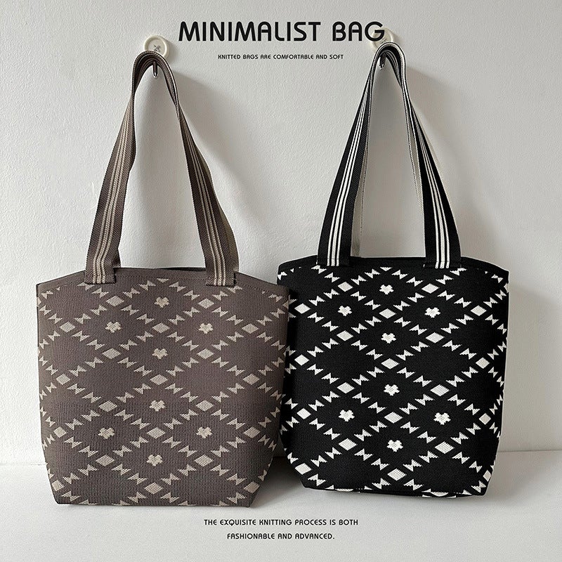 Diamond Plaid Niche Simple Large Capacity Shoulder Bag Women'S Fashionable And Trendy Knitted Handbag For Couples Tote Bag - Image 5