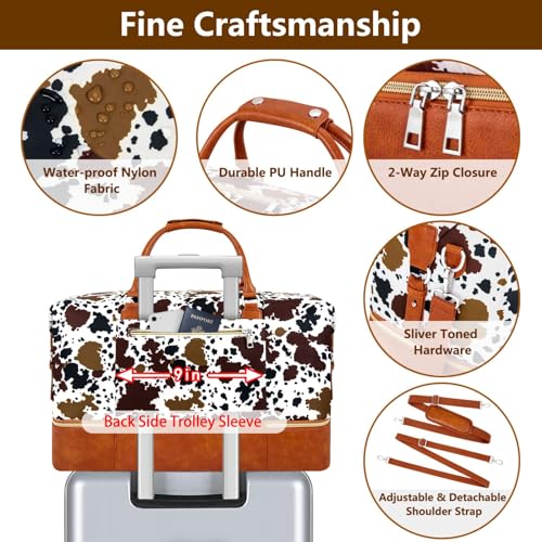 ITIEZY Weekender Bag for Women, Travel Duffel Bag Carry On Overnight Bag with Shoe Compartment Large Nylon Travel Weekend Tote Bag, 5-Brown Cow - Image 5