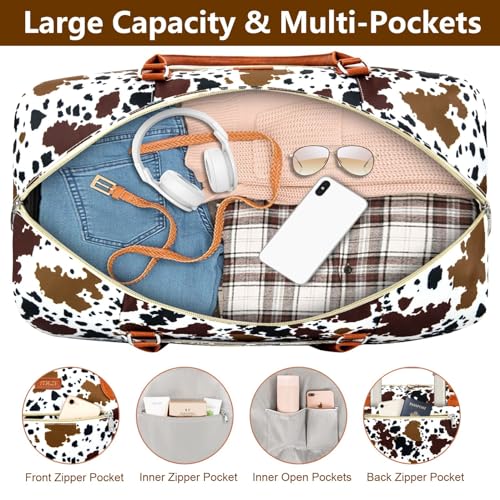 ITIEZY Weekender Bag for Women, Travel Duffel Bag Carry On Overnight Bag with Shoe Compartment Large Nylon Travel Weekend Tote Bag, 5-Brown Cow - Image 3