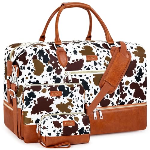 ITIEZY Weekender Bag for Women, Travel Duffel Bag Carry On Overnight Bag with Shoe Compartment Large Nylon Travel Weekend Tote Bag, 5-Brown Cow - Image 1