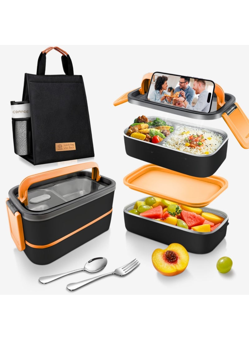 Adando Stainless Steel Lunch Box-1400ml Double Layer Microwave-Safe Bento Box- 304 Leakproof Tiffin box- Thermos Lunch Box Thermal Insulation Detachable- for Adults Students Office School- with Thermal Bag & Cutlery - Image 1