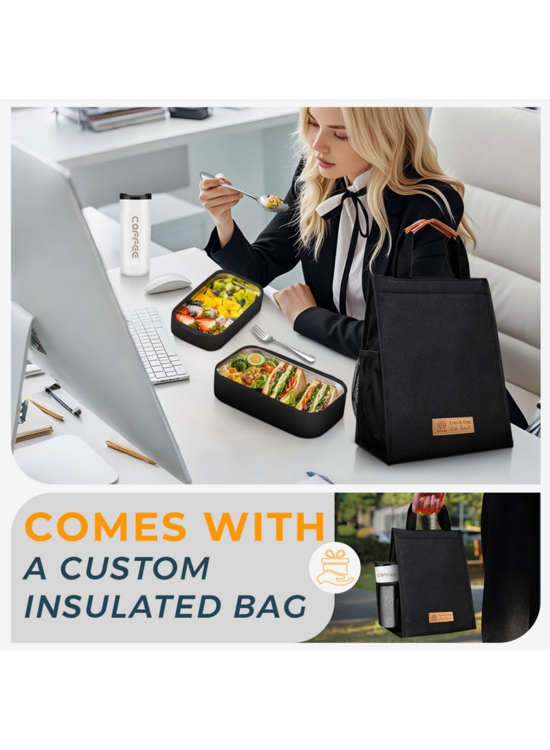 Adando Stainless Steel Lunch Box-1400ml Double Layer Microwave-Safe Bento Box- 304 Leakproof Tiffin box- Thermos Lunch Box Thermal Insulation Detachable- for Adults Students Office School- with Thermal Bag & Cutlery - Image 2