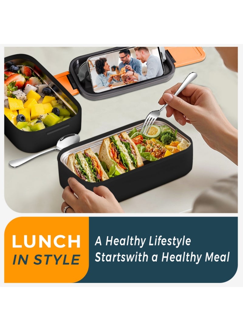 Adando Stainless Steel Lunch Box-1400ml Double Layer Microwave-Safe Bento Box- 304 Leakproof Tiffin box- Thermos Lunch Box Thermal Insulation Detachable- for Adults Students Office School- with Thermal Bag & Cutlery - Image 4