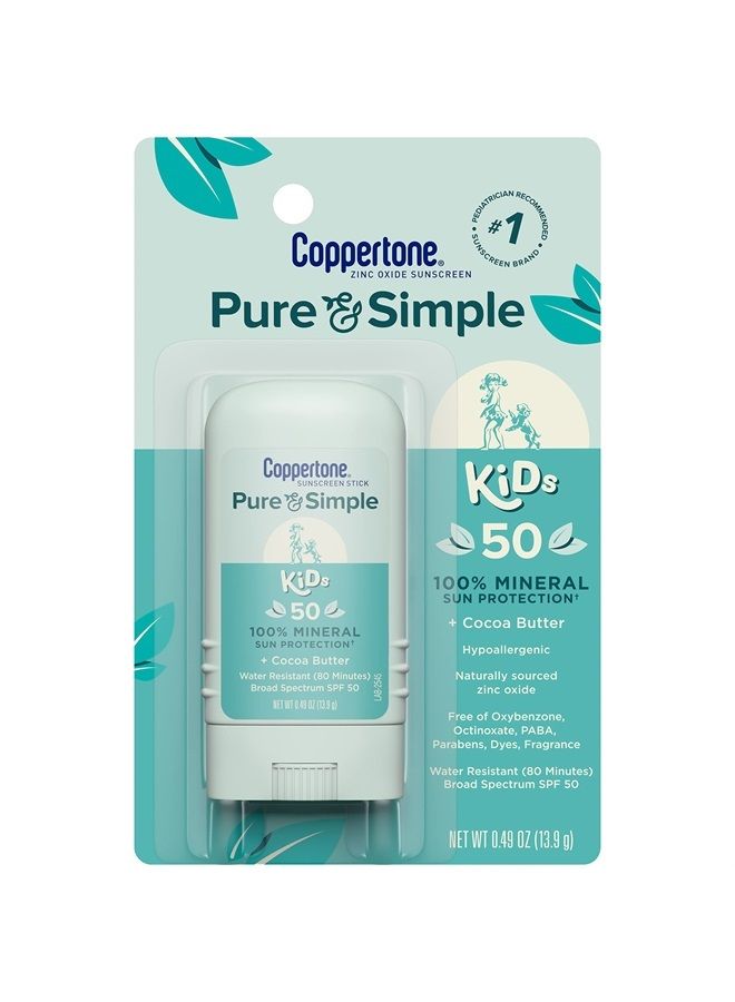 Coppertone واقي شمس للأطفال بسيط ونقي SPF 50، عصا واقي شمس معدني أكسيد الزنك للأطفال، خالي من الدموع، مقاوم للماء، واقي شمس واسع الطيف SPF 50، 0.49 أونصة عصا - Image 1