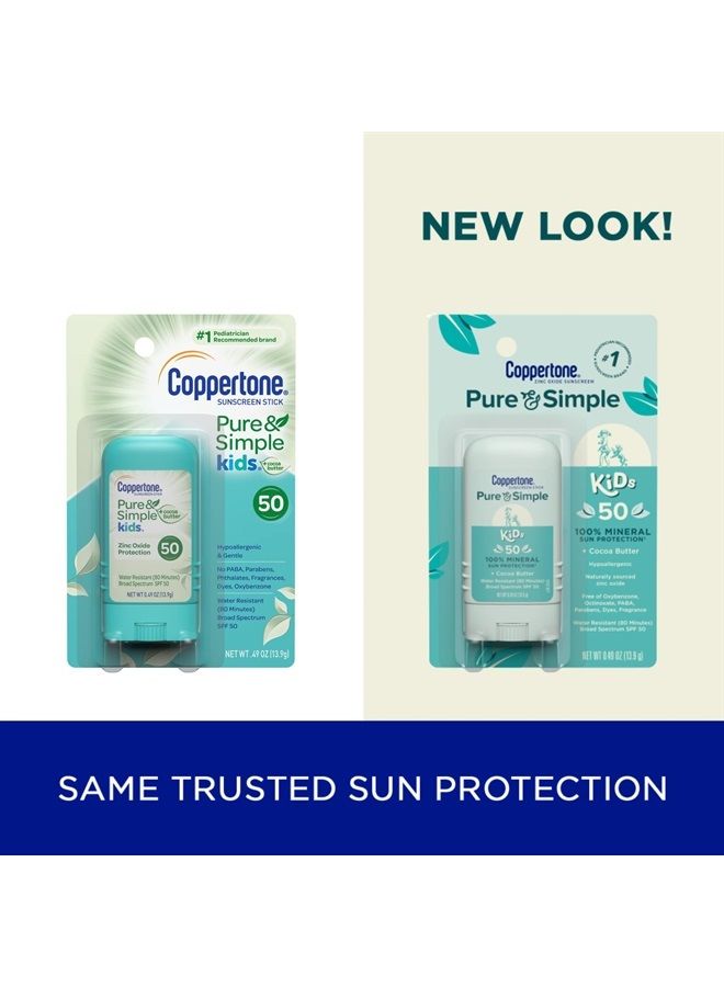 Coppertone واقي شمس للأطفال بسيط ونقي SPF 50، عصا واقي شمس معدني أكسيد الزنك للأطفال، خالي من الدموع، مقاوم للماء، واقي شمس واسع الطيف SPF 50، 0.49 أونصة عصا - Image 2