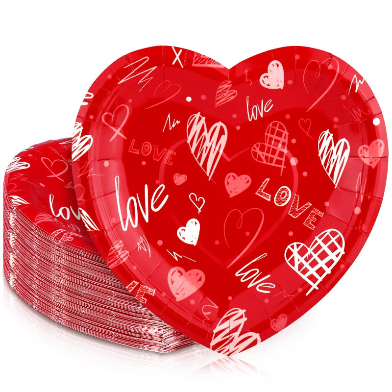 Domensi 100 Pcs Valentines Day Paper Plates Red Heart Shaped Disposable 7.8 Inch Dessert Plates Tableware for Dinner Pizza Cookies Salad Anniversary Valentines Day Party Supplies - Image 1