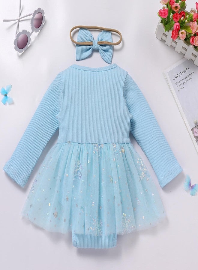 ODOLDI Kids Girls 1st Birthday Outfits Snowflake/Pumpkin Long Sleeve Romper Dress and Headband Cake Smash Outfits Blue Snowflakes 9-12 Months - Image 3