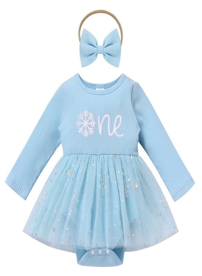 ODOLDI Kids Girls 1st Birthday Outfits Snowflake/Pumpkin Long Sleeve Romper Dress and Headband Cake Smash Outfits Blue Snowflakes 9-12 Months - Image 1