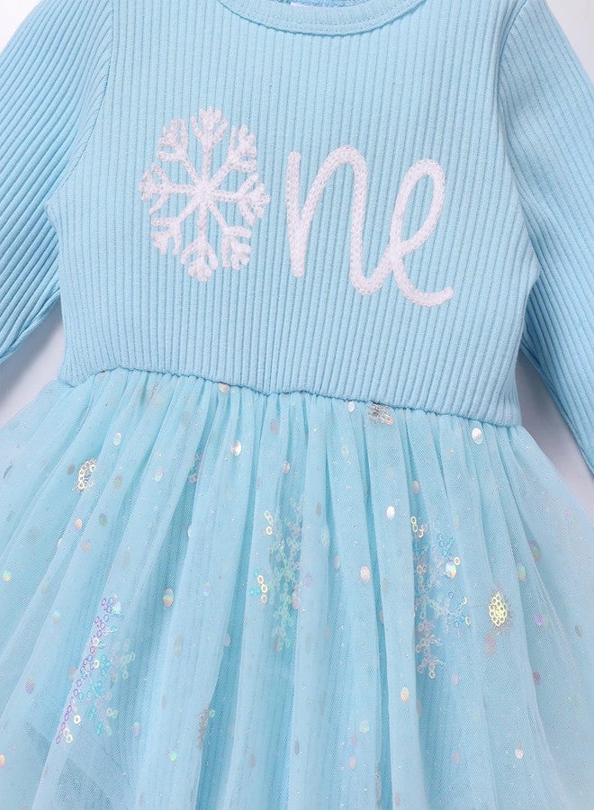 ODOLDI Kids Girls 1st Birthday Outfits Snowflake/Pumpkin Long Sleeve Romper Dress and Headband Cake Smash Outfits Blue Snowflakes 9-12 Months - Image 2