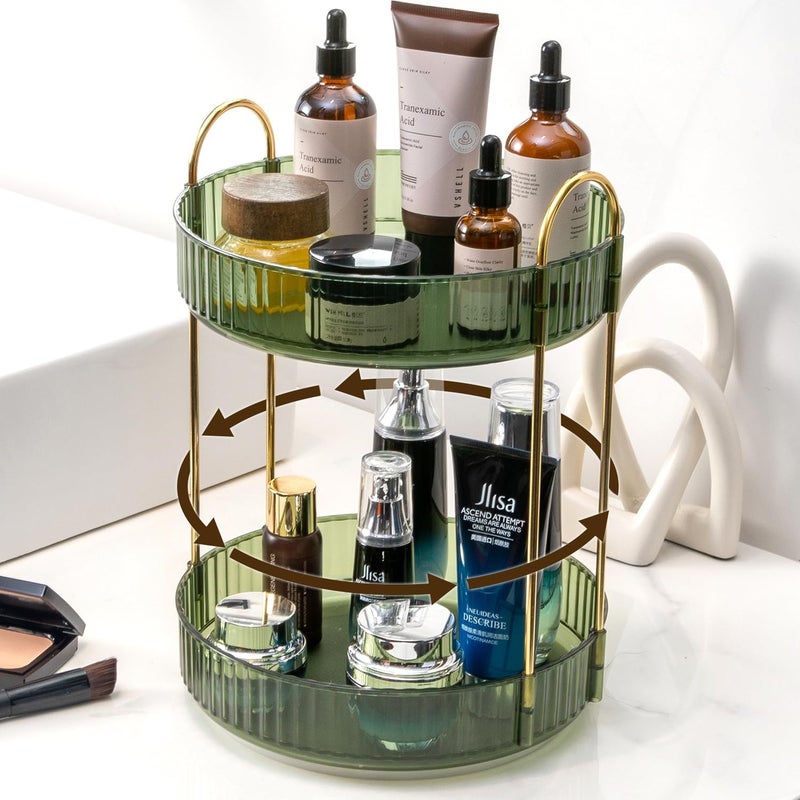 360 Rotating Makeup Organiser Spinning Cosmetics Skincare Organiser for Dresser Bedroom Bathroom 2 Tiers Green