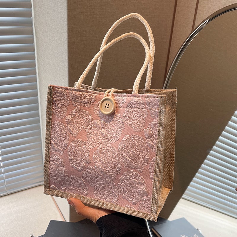 Linen Tote Bag for Women Lunch Box Carry Pouch Pink button style 