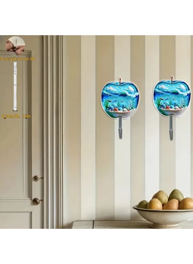 2Pcs Apple Ocean Pattern Adhesive Wall Hooks No Drilling Required - Image 2