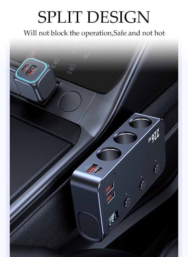 DUNISO Cigarette Lighter USB Charger, 226W Car Charger with LED Voltage Display,Adapter with 3 Sockets,Type-C & 4 USB Ports (QC3.0 +PD 45W/35W), Quick Charging for Car Devices with Independent  Switches , suitable for Phones, Laptop, iPad - Image 4