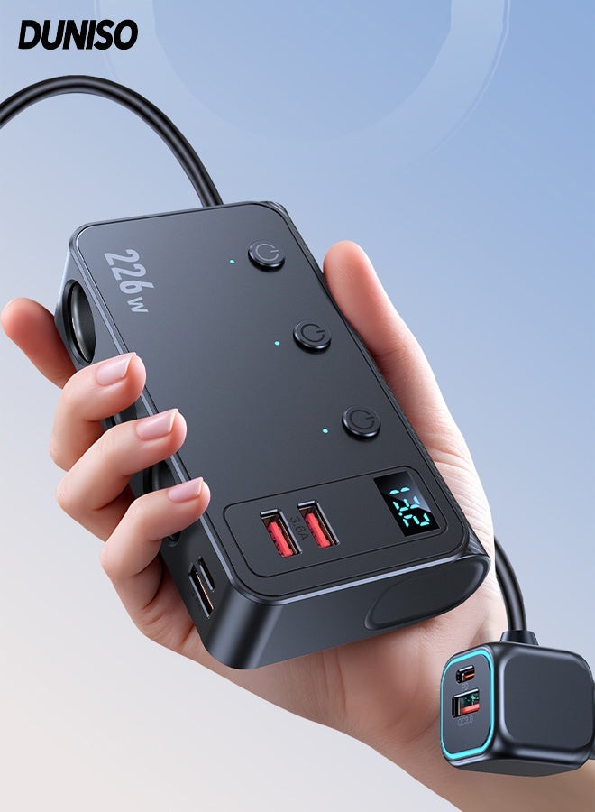 DUNISO Cigarette Lighter USB Charger, 226W Car Charger with LED Voltage Display,Adapter with 3 Sockets,Type-C & 4 USB Ports (QC3.0 +PD 45W/35W), Quick Charging for Car Devices with Independent  Switches , suitable for Phones, Laptop, iPad - Image 1