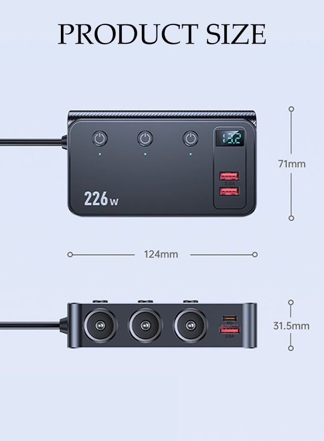 DUNISO Cigarette Lighter USB Charger, 226W Car Charger with LED Voltage Display,Adapter with 3 Sockets,Type-C & 4 USB Ports (QC3.0 +PD 45W/35W), Quick Charging for Car Devices with Independent  Switches , suitable for Phones, Laptop, iPad - Image 2