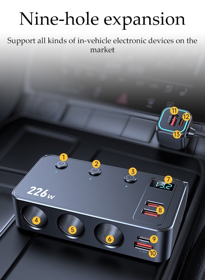 DUNISO Cigarette Lighter USB Charger, 226W Car Charger with LED Voltage Display,Adapter with 3 Sockets,Type-C & 4 USB Ports (QC3.0 +PD 45W/35W), Quick Charging for Car Devices with Independent  Switches , suitable for Phones, Laptop, iPad - Image 3