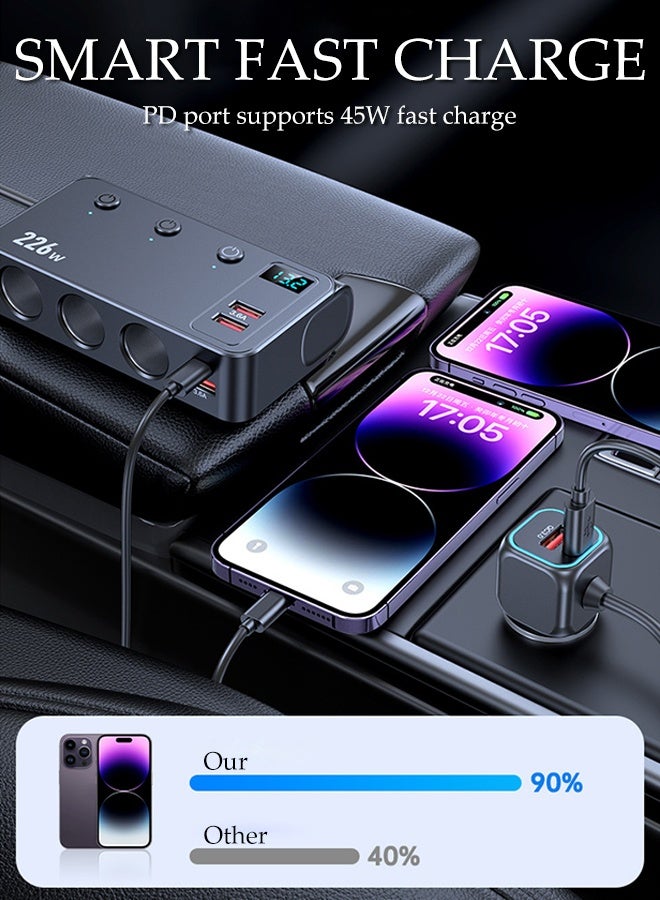 DUNISO Cigarette Lighter USB Charger, 226W Car Charger with LED Voltage Display,Adapter with 3 Sockets,Type-C & 4 USB Ports (QC3.0 +PD 45W/35W), Quick Charging for Car Devices with Independent  Switches , suitable for Phones, Laptop, iPad - Image 5