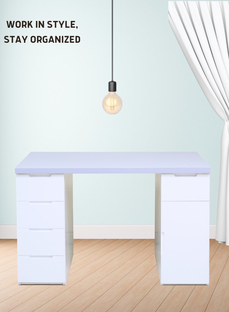 Sleek 1-Piece Office Furniture Set. Spacious Desk with Storage – Ideal for Productivity and Organized Workspaces. This modern 18mm MDF desk offers a spacious work surface perfect for multitasking, making it ideal for computer setups, writing tasks, or creative projects. White/Gray Tabletop (Arfan)