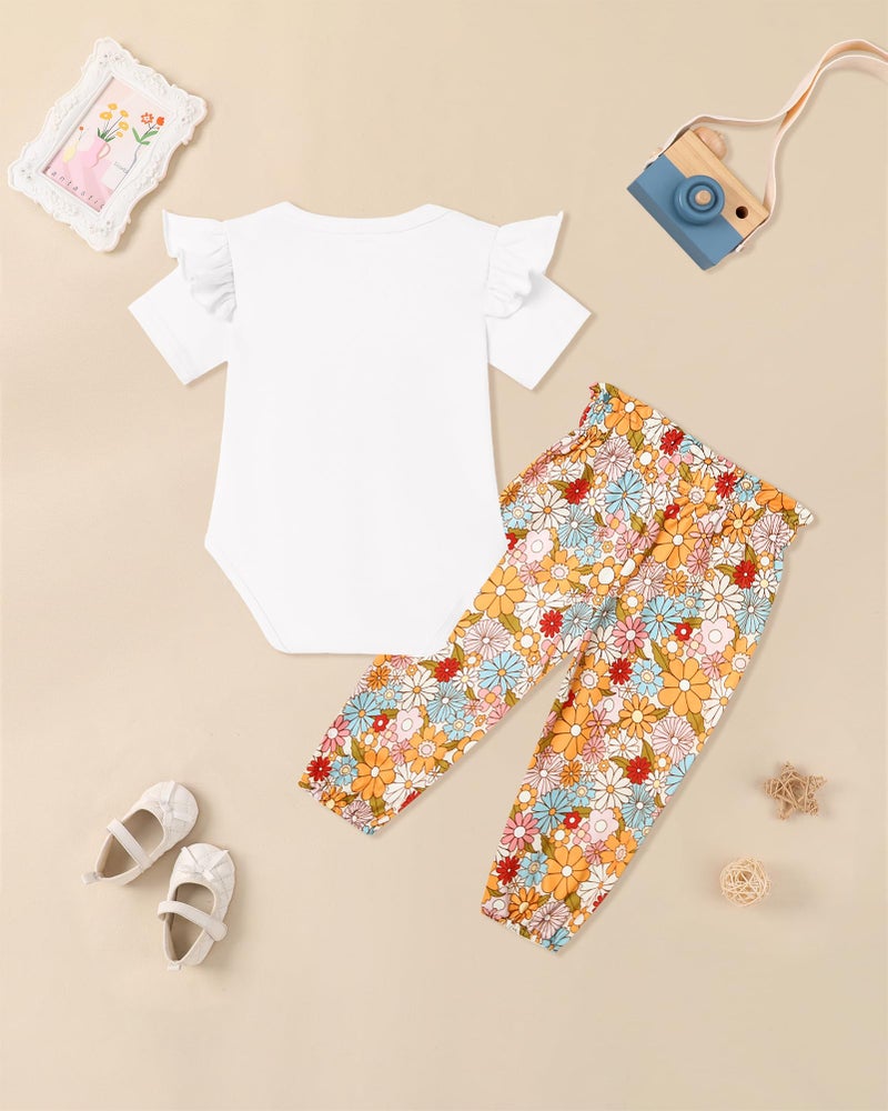 Latnnut Toddler Summer Clothes Short Sleeve Girls Bodysuits 3D Flower Print Ruffle Romper and Floral Pants Set 18-24 Months Girl Outfit - Image 2
