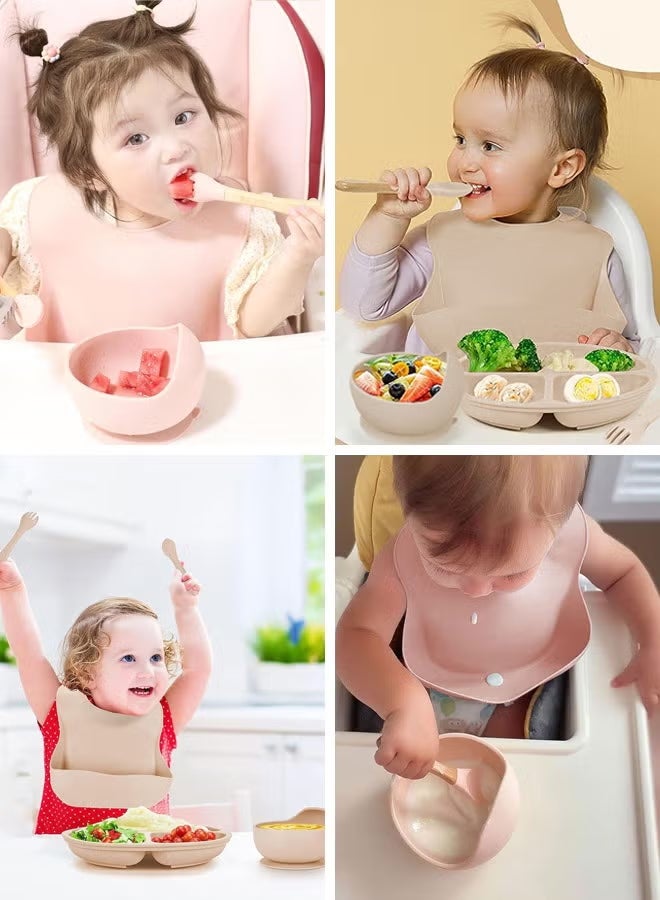 5-Pieces Silicone Baby Feeding Set, Baby Led Weaning Supplies with Suction Bowl and Divided Plate, Wooden Spoon and Fork, Toddler Tableware Set with Adjustable Soft Silicone Bib - Image 4