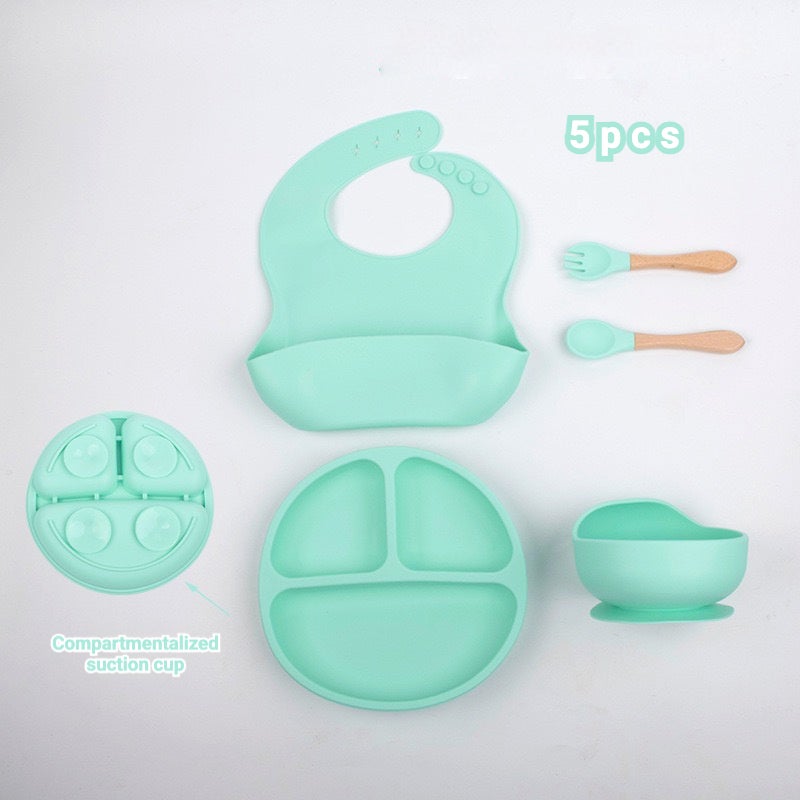 5-Pieces Silicone Baby Feeding Set, Baby Led Weaning Supplies with Suction Bowl and Divided Plate, Wooden Spoon and Fork, Toddler Tableware Set with Adjustable Soft Silicone Bib - Image 1