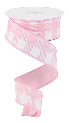 Plaid Check Wired Edge Ribbon  10 Yards Light Pink White 15 Inches