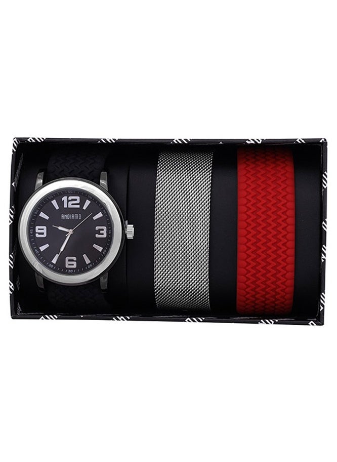 ANDIAMO Men's Analog Silver Case Black Dial Set Watch 