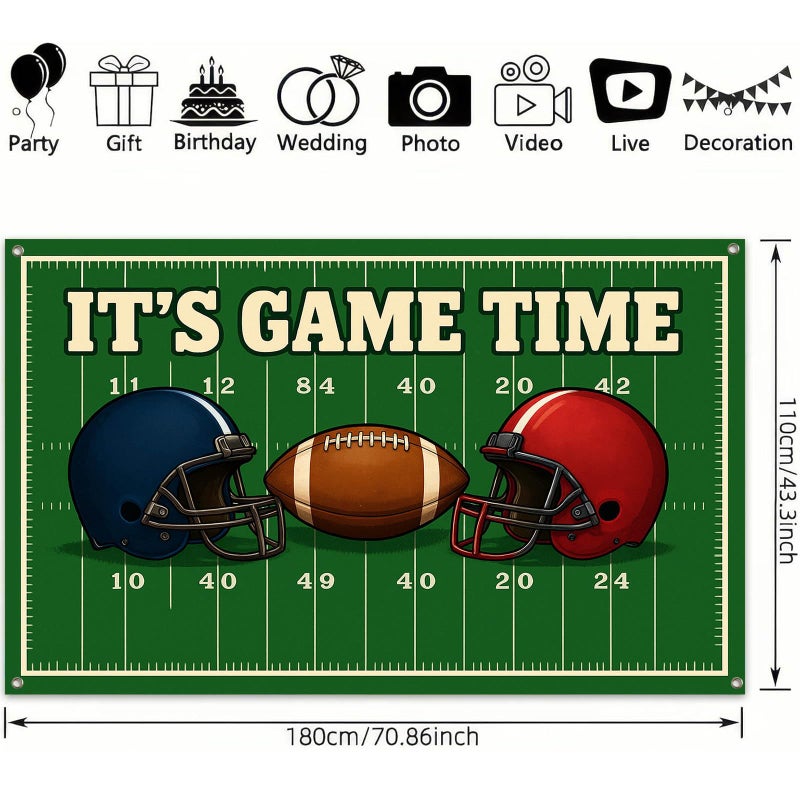 BlissYard Football Banner Its Game Time Football Field Backdrop 71x43 Inch Stadium Helmet Game Day Photography Banner for Super Bowl Style Party Photo Booth Wall Decor - Image 3