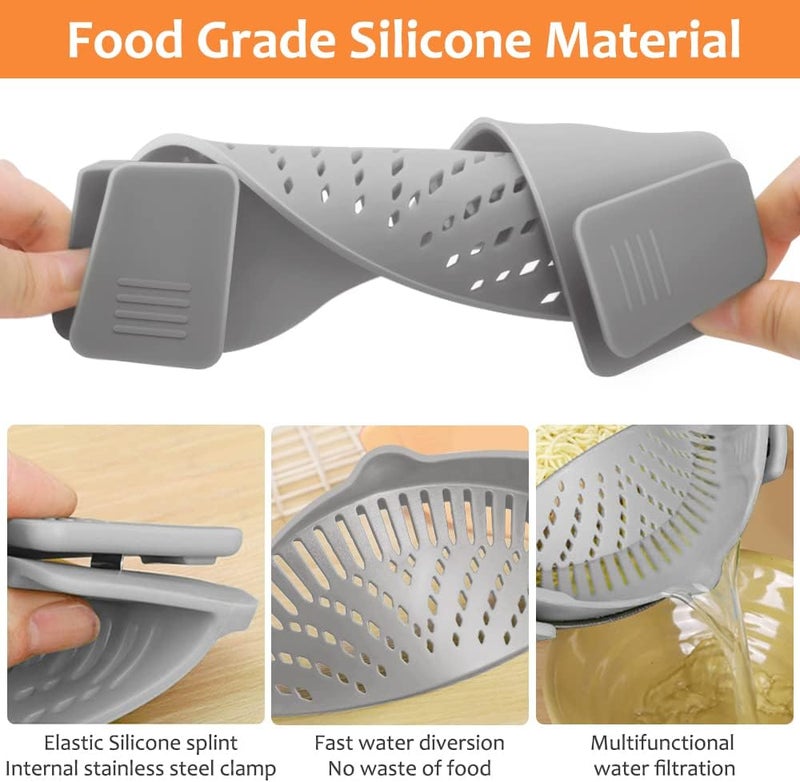 YEVIOR Clip on Strainer for All Pots Pan,Silicone Pasta Strainer Kitchen Gadgets,Collapsible Colander for Noodle,Vegetables,Fruit,Spaghetti (Grey) - Image 4